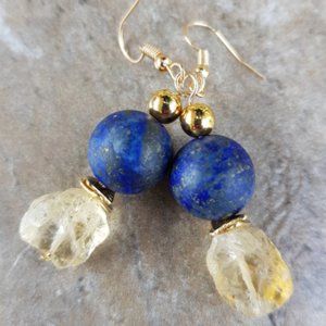 SOLD OUT Lapis Lazuli and Raw Citrine Boho Chic Earrings